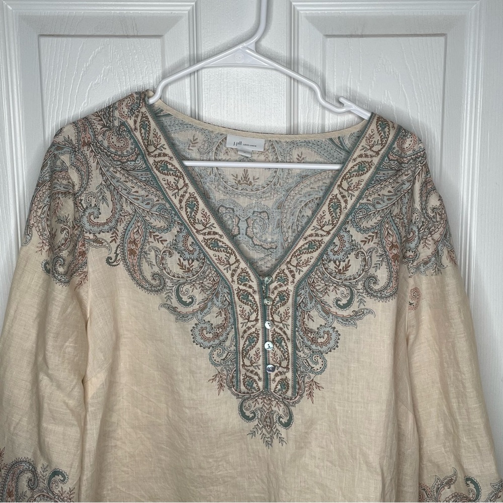 J. Jill Love Linen Ornate Paisley Bohemian Lagenlook Top in Barley Elegant XL - Picture 5 of 14